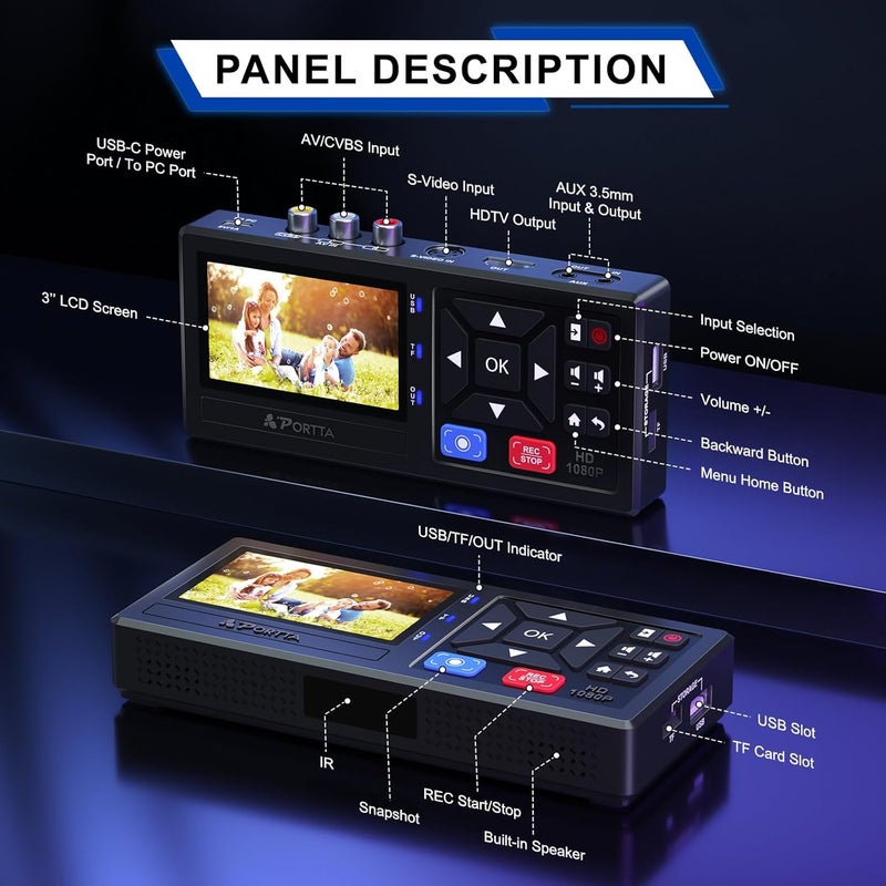 Portta VHS to Digital Converter, Video to Digital Recorder with Remote, Compatible with VHS, VCR, DVR, DVD, Hi8, Mini DV Players, Camcorder, Gaming Consoles (Tapes/DVD Player Not Included) - Image 4